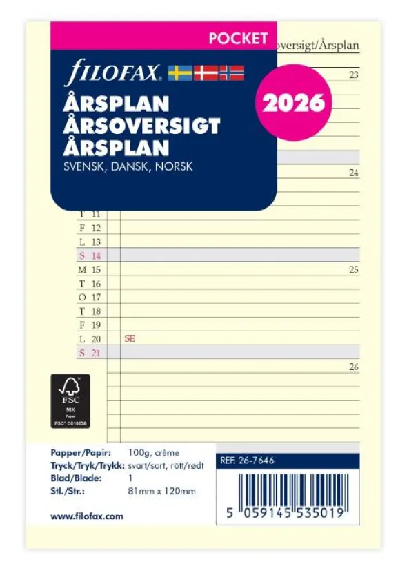 Filofax Årsplan pocket 2026 (8,1x12cm)