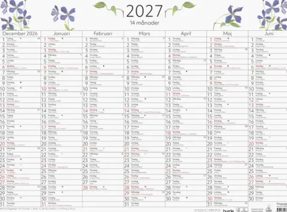 Kalender 14-månaders väggblad 2027