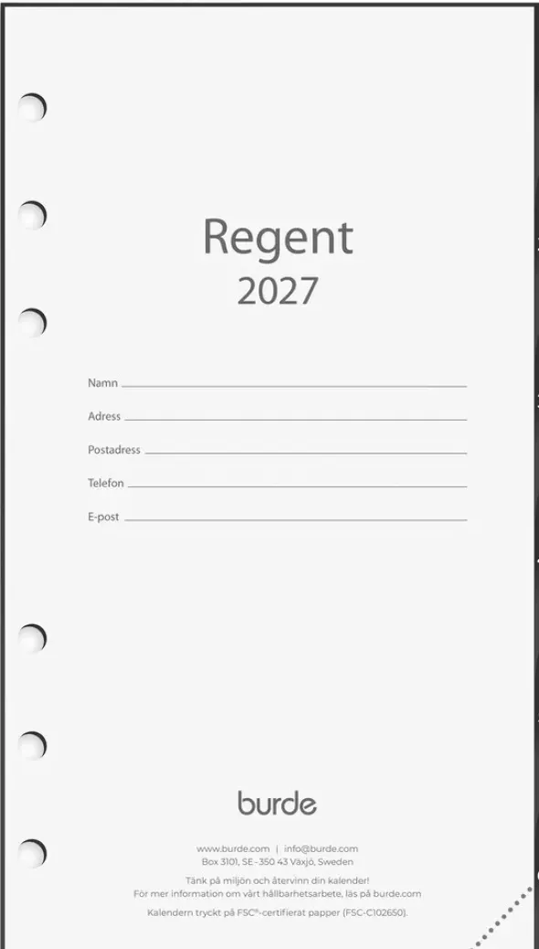 Kalender Regent grundsats 2027 (9,5x17 cm)