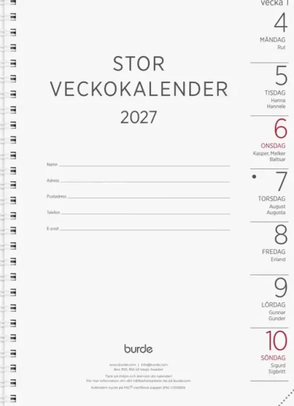 Kalender Stor Veckokalender refill 2027