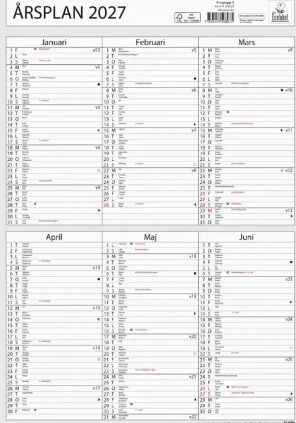 Kalender Väggblad Årsplan 2027