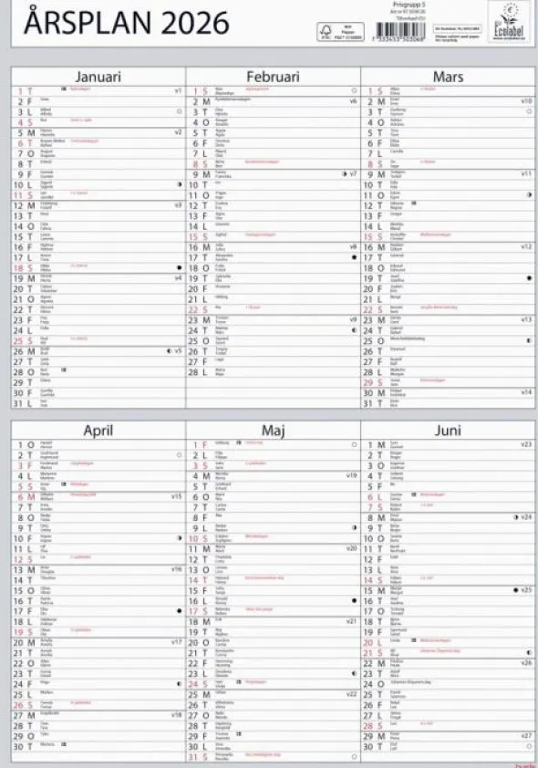 Kalender Väggblad Årsplan 2026