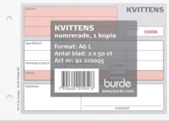 Kvittens A6L med kopia numrerade